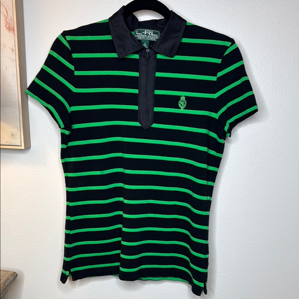 Lauren Ralph Lauren Active Black and Green Striped‎ Short Sleeve Tee - small